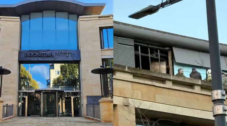 A la izquierda: vista de la facha principal del edificio de Rockstar North. A la derecha: personas entrando por una de las ventanas del edificio del Rockstar