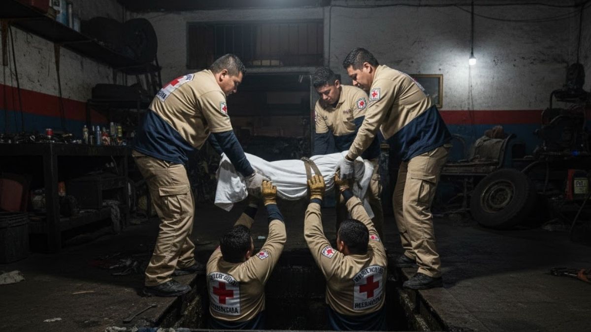 El cuerpo de Don Efrén siendo sacado de la fosa del taller
