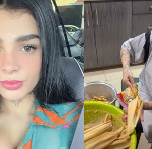 Karely Ruiz embarrando tamales.