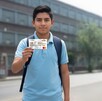 Estudiante de secundaria recogiendo su tarjeta de la Beca Rita Cetina en la Ciudad de México.