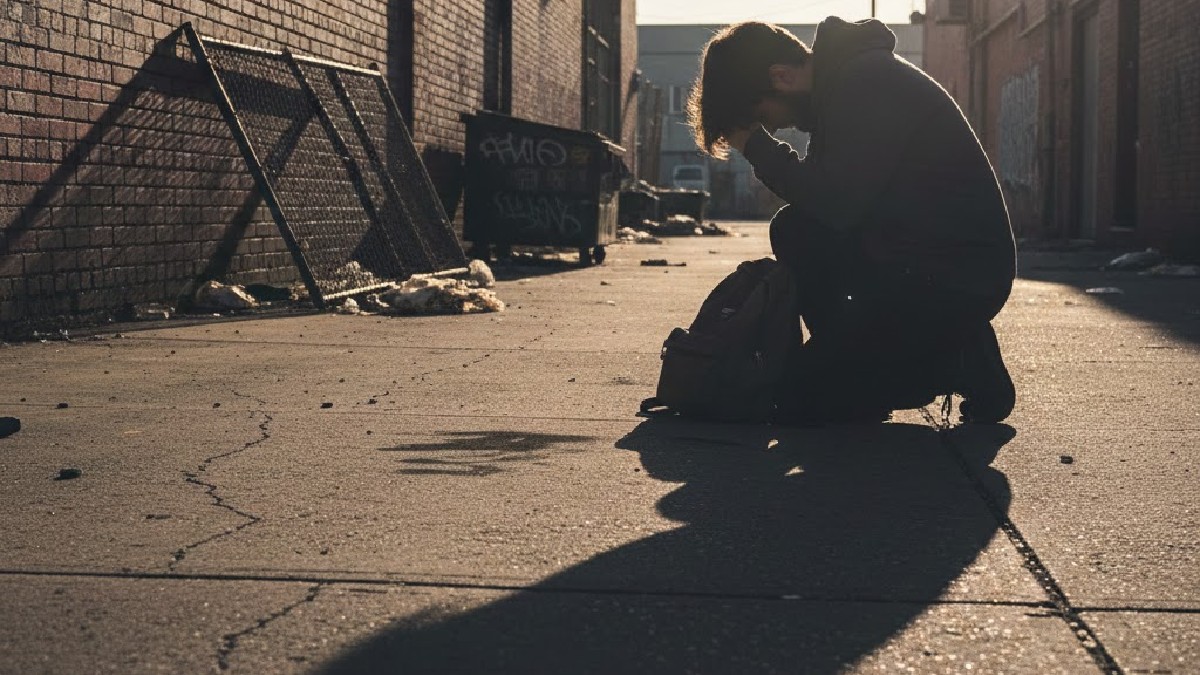 Persona en hincado y llorando en la calle