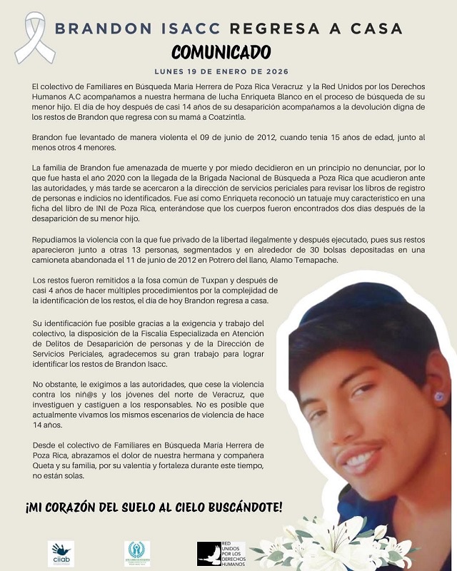 Comunicado de colectivos de búsqueda en el que se expresan por el hallazgo sin vida de Brandon Isaac Hernández, en Veracruz.