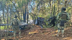 Dos soldados del Ejército Mexicano, de espaldas y con equipo táctico, vigilan un campamento improvisado con lonas negras en una zona boscosa.