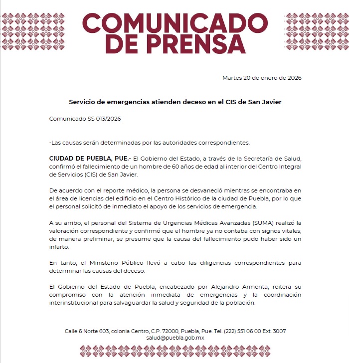 Comunicado de la Secretaría de Salud en Puebla explicando el deceso de un hombre en instalaciones del CIS.
