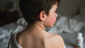 un niño con sarampión sentado en una cama
