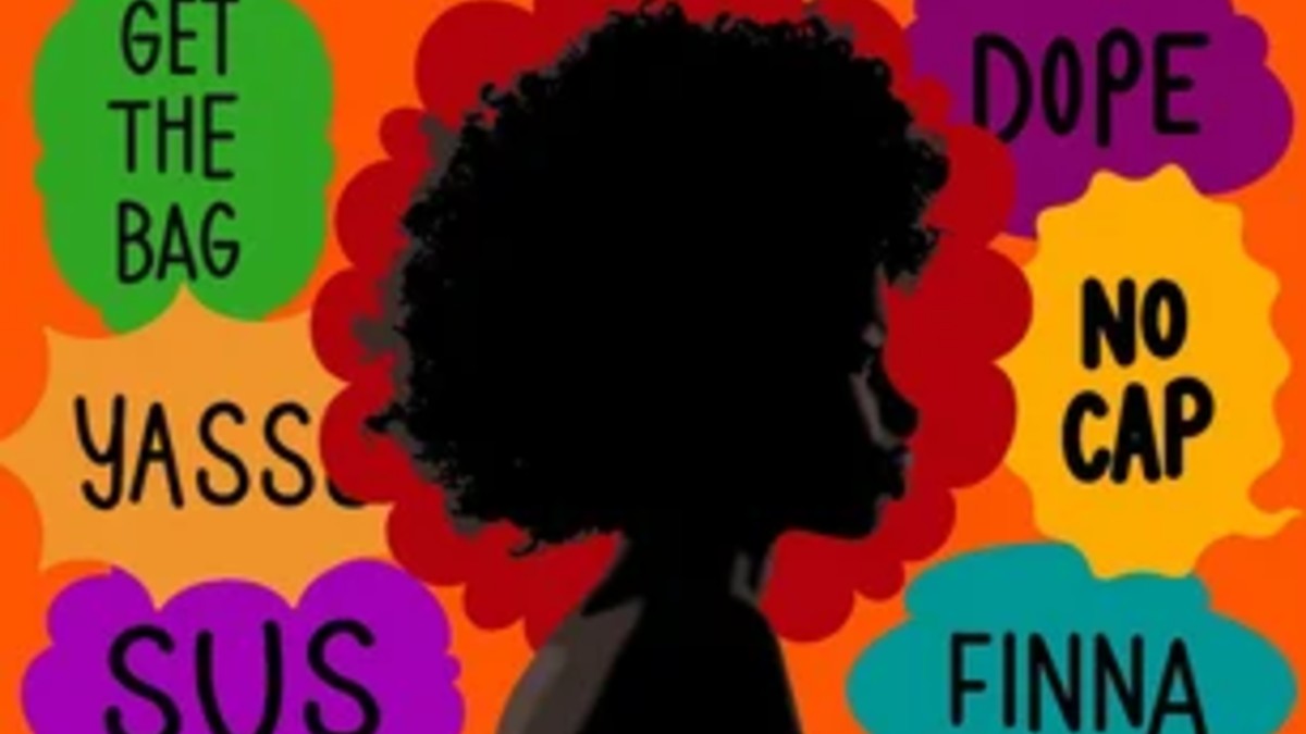 La expresión Cap y una serie de palabras pertenecientes al Inglés afroamericano, Ebonics o Inglés Vernáculo Afroamericano con la silueta de un niño afroamerican