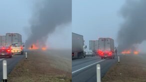 Incendio de tráiler en la autopista a Nuevo Laredo.