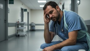 un médico cansado de una extenuante jornada laboral en un hospital