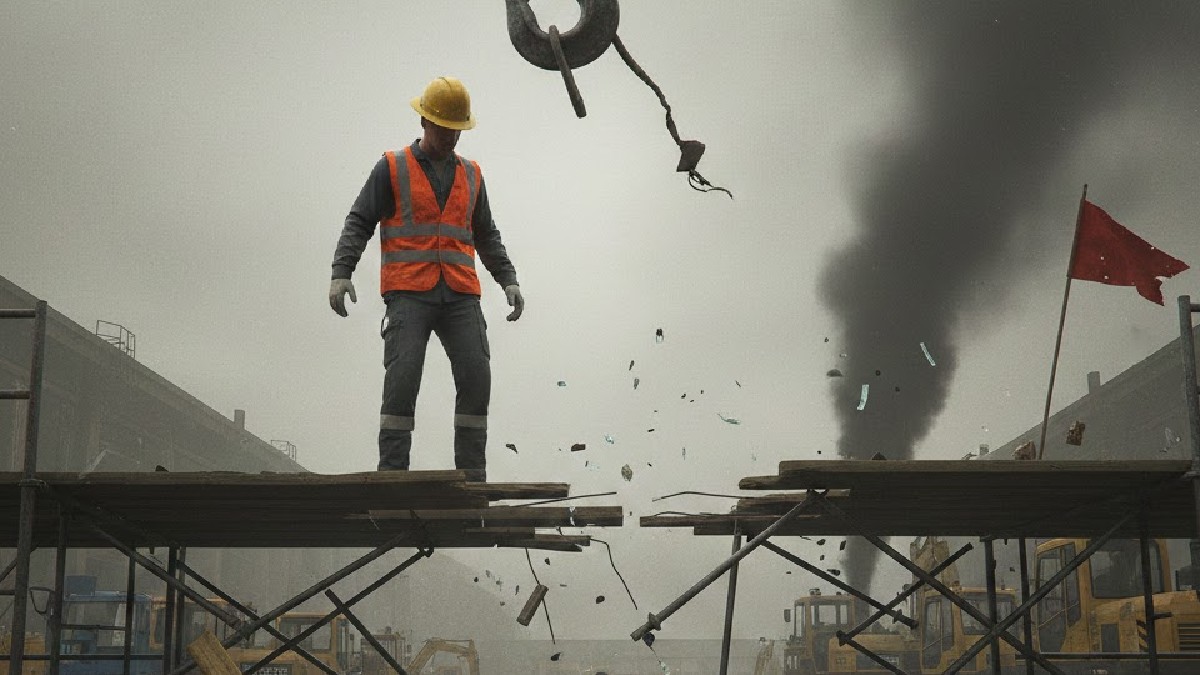 Hombre con uniforme laboral arriba de una tarima en una construcción