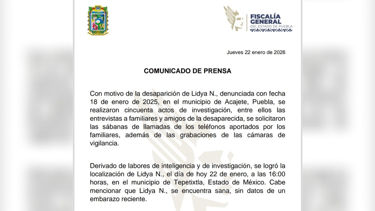comunicado de la fiscalía de puebla sobre la localización de lydia valdivia juárez