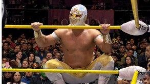 El luchador Místico, con su máscara plateada y dorada, se pone de cuclillas sobre las cuerdas de un ring de lucha libre frente a una multitud.