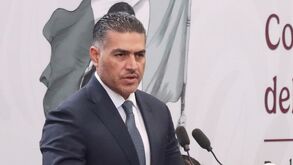 Omar García Harfuch durante la conferencia matutina del Gobierno de México en Puebla.