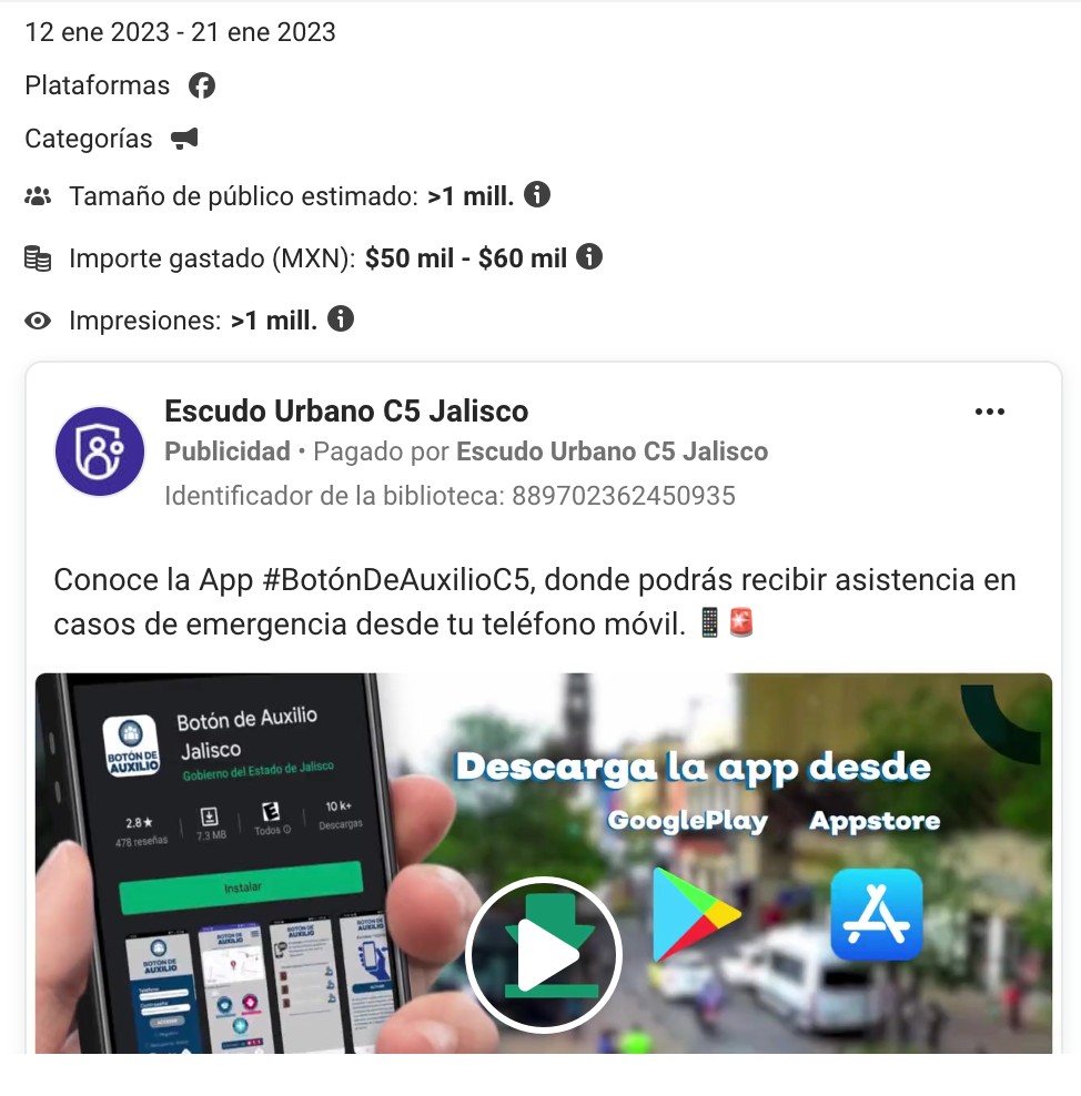 Anuncios pagados por C5 Jalisco en Facebook