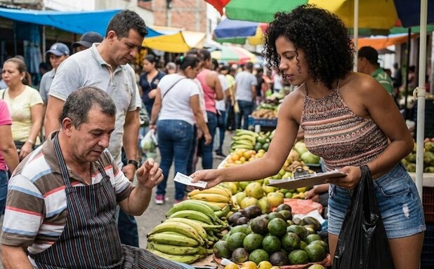 Mujer con ropa provocativa ofreciendo un boleto de rifa colombiana a un vendedor de un mercado con frutas, verduras y personas alrededor