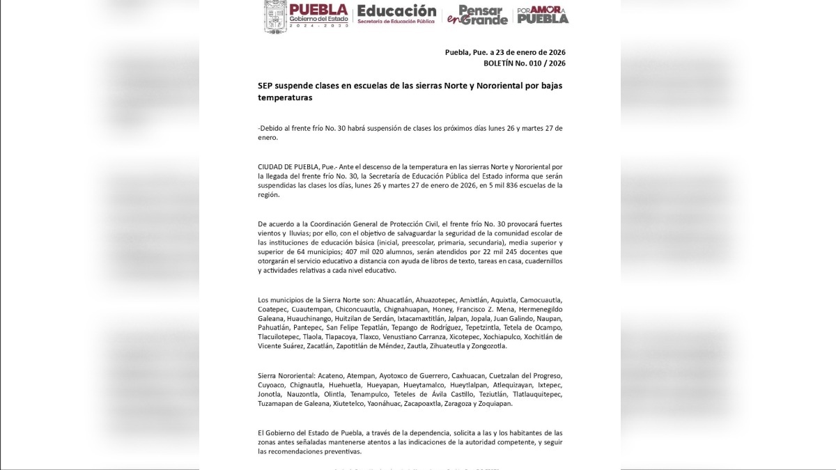 comunicado de la sep por suspensión de clases por frente frío en puebla