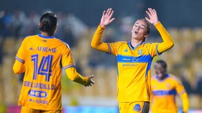 Jugadoras de Tigres Femenil celebrando el gol ante Atlas en la Jornada5 del Clausura 2026.