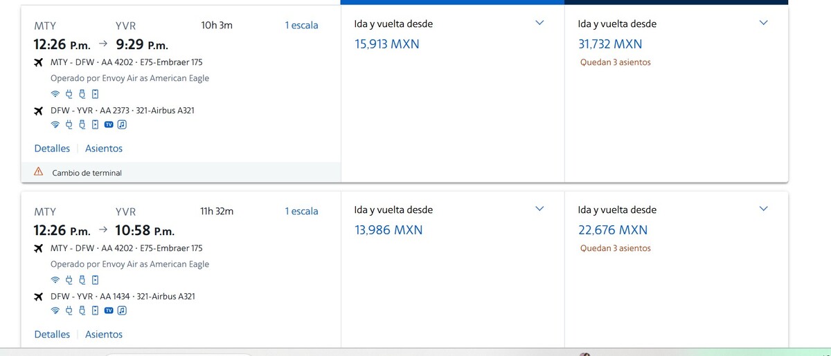 Vuelos de American Airlines de Monterrey hacia Vancouver.