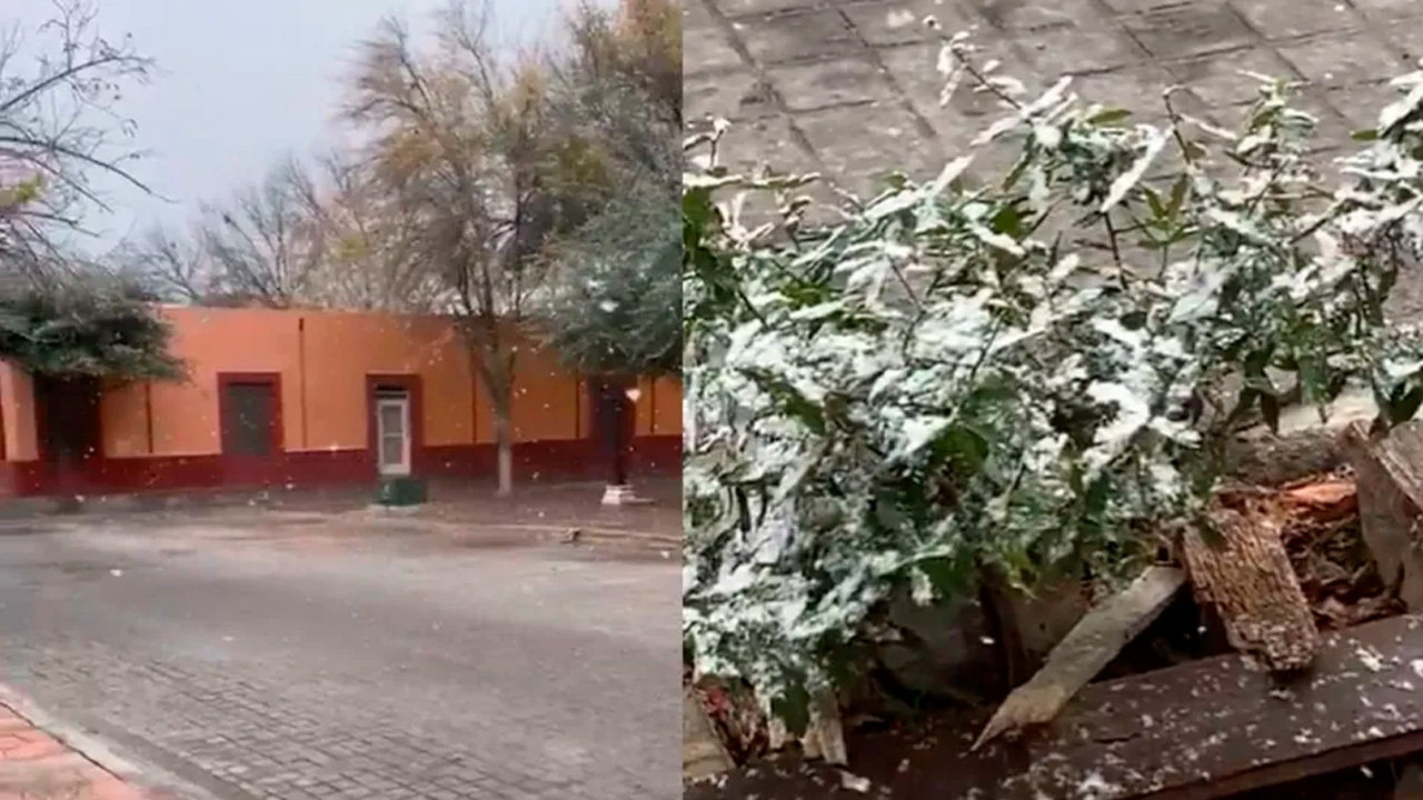 Las bajas temperaturas ocasionadas por el frente frío 31 provocaron la caída de aguanieve en el municipio de Lampazos, Nuevo León.