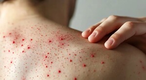 Persona vista de espaldas rascándose ronchas rojas de sarampión en los hombros