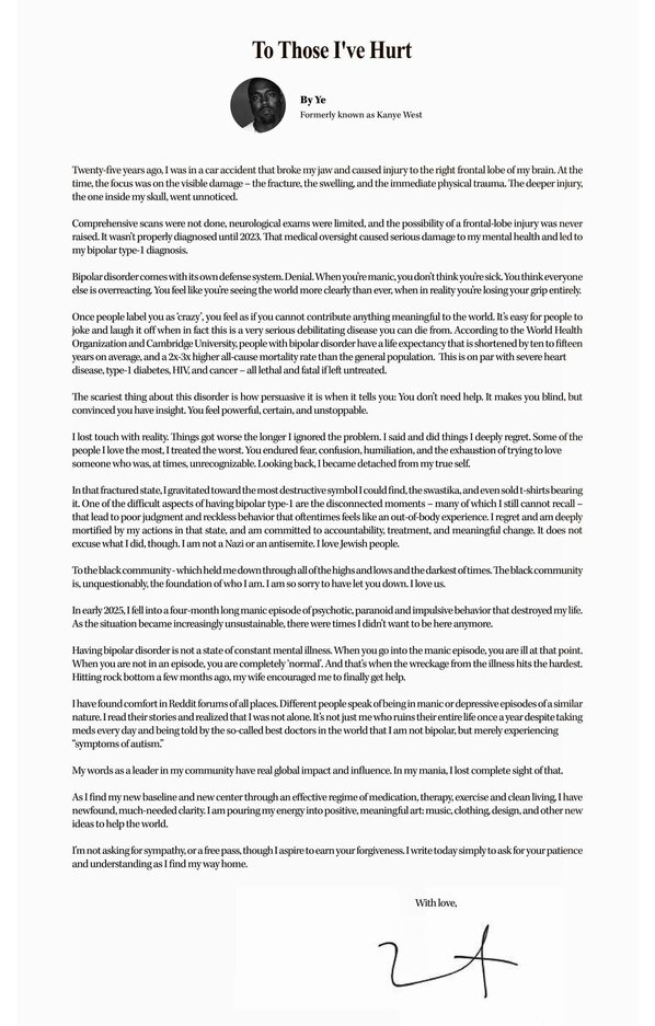 Plana completa del Wall Street Journal donde se publicó la carta de disculpas públicas de Kanye West