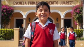 Niño con uniforme escolar feliz afuera de un plantel.