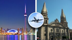 Collage que muestra la Torre CN de Toronto iluminada de noche y la Catedral de Guadalajara de día, con un avión despegando en un círculo al centro.