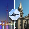 Collage que muestra la Torre CN de Toronto iluminada de noche y la Catedral de Guadalajara de día, con un avión despegando en un círculo al centro.