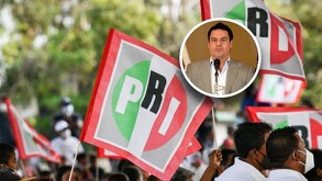 Varias banderas con el logotipo del partido político PRI ondean en un mitin; un círculo superpuesto muestra el retrato de Aristóteles Sandoval.