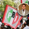 Varias banderas con el logotipo del partido político PRI ondean en un mitin; un círculo superpuesto muestra el retrato de Aristóteles Sandoval.