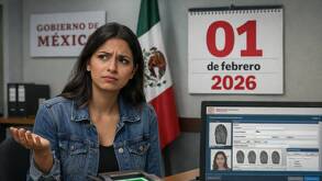 Una mujer tramitando la CURP biométrica en una oficina frente a un escáner de huellas digitales y una computadora encendida