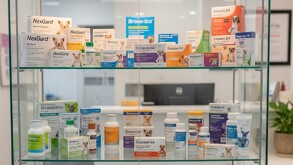 Medicamentos veterinarios para perro en una vitrina