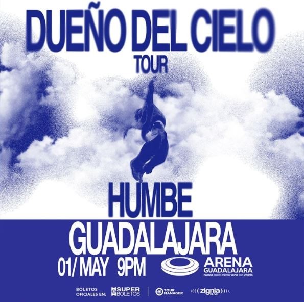 Flyer oficial del concierto de Humbe en Guadalajara con su gira Dueño del Cielo con una ilustración del cantante entre nubes
