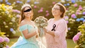 Una madre y su hija posan para una fotografía donde celebran los 15 años de la joven.