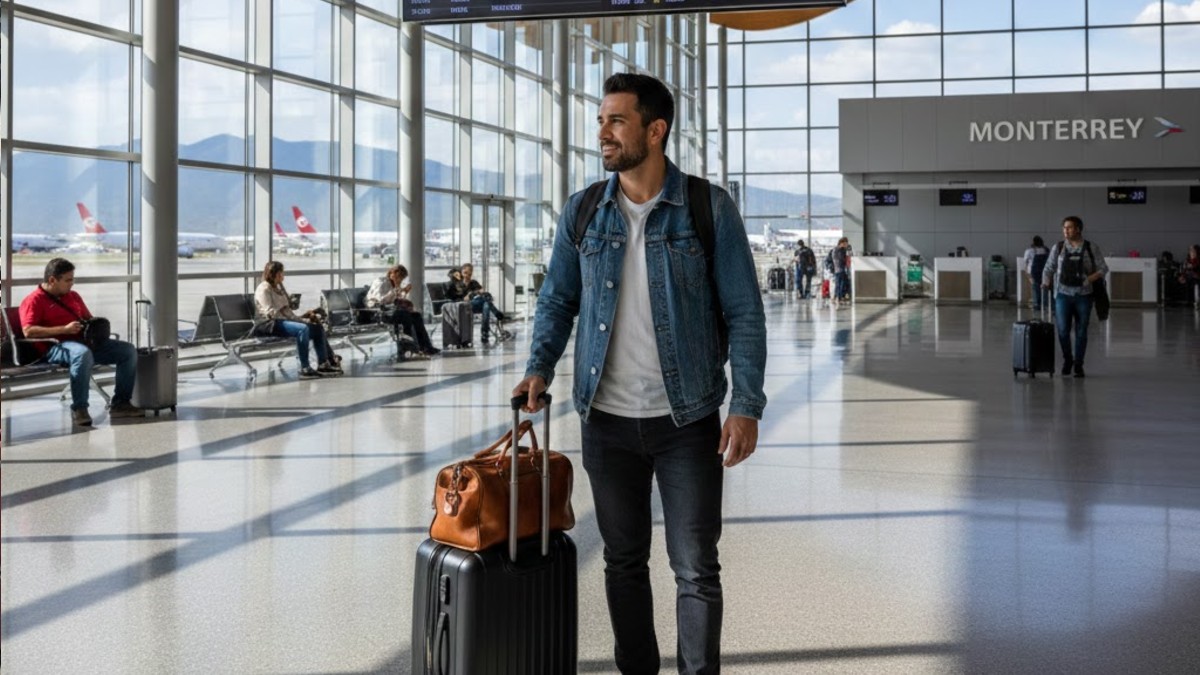 Hombre con maleta en Aeropuerto de Monterrey.
