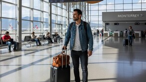 Hombre con maleta en Aeropuerto de Monterrey.