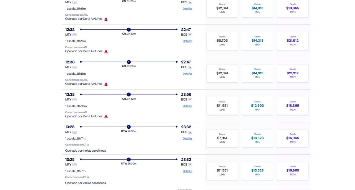 Precios de vuelos de Aeroméxico Monterrey-Boston