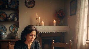 Mujer mexicana de luto revisando documentos legales de pensión en un hogar de clase media