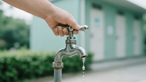 Se observa una llave de agua goteando de agua, y se observa una mano agarrándola.