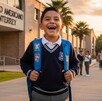 Niño feliz afuera de escuela en Monterrey.