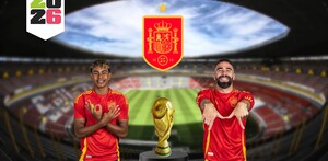 Lamine Yamal y Dani Carvajal celebran frente al trofeo de la Copa del Mundo y el escudo de España, con un logotipo de 2026 sobre un estadio vacío.