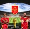 Lamine Yamal y Dani Carvajal celebran frente al trofeo de la Copa del Mundo y el escudo de España, con un logotipo de 2026 sobre un estadio vacío.