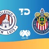 Los logotipos de Atlético San Luis y Chivas de Guadalajara aparecen sobre un fondo azul y amarillo, junto con los emblemas de Telediario y la Liga MX