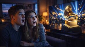 Una pareja ve los premios Grammy 2026 en vivo durante la noche en un departamento mientras están sorprendidos por  la transmisión de la premiación