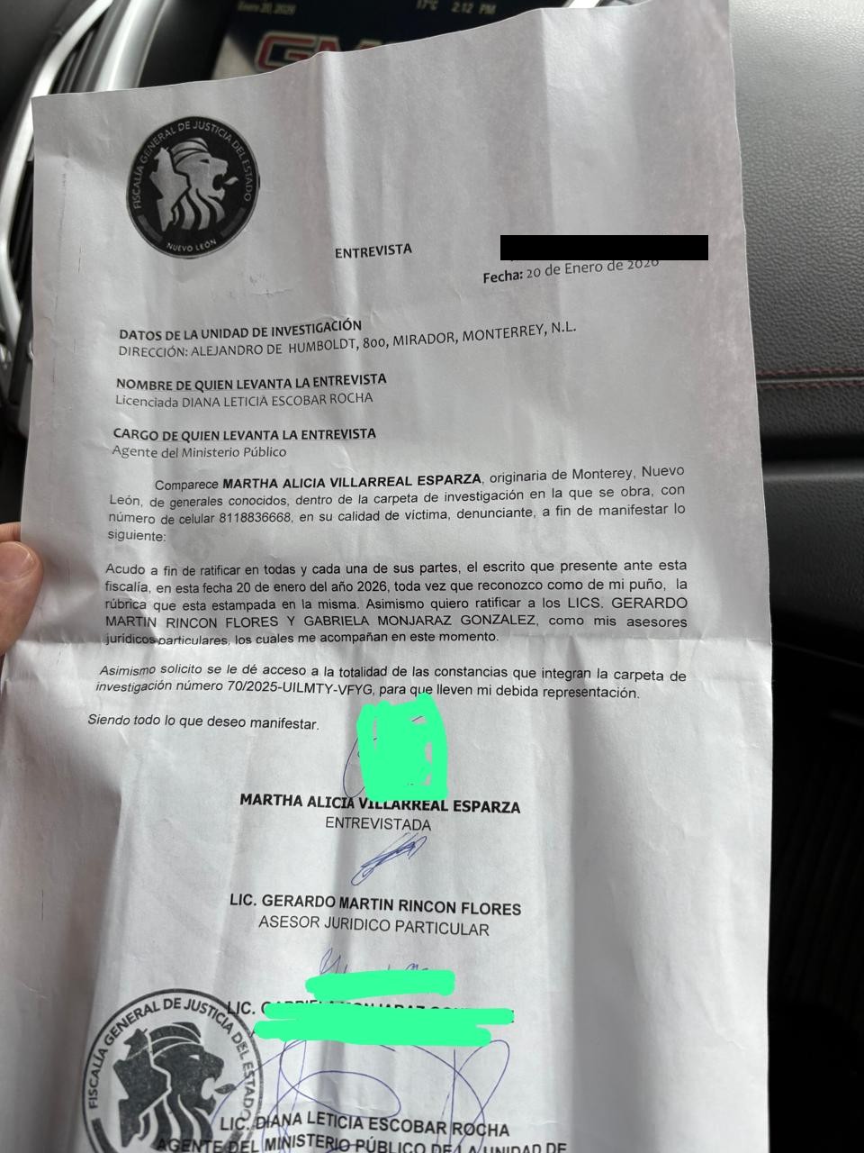 Documento de la defensa legal de Alicia Villarreal donde renunciaron.