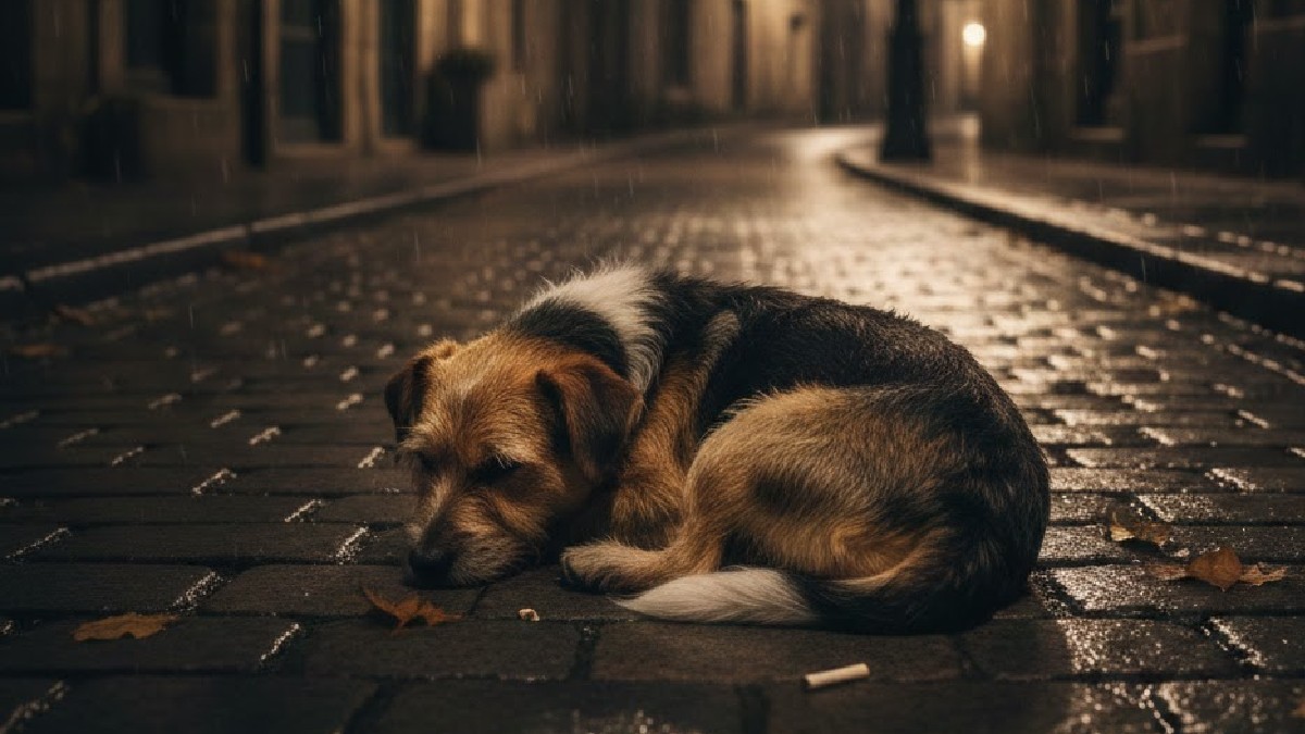 Perrita acostada en calle y lluvia