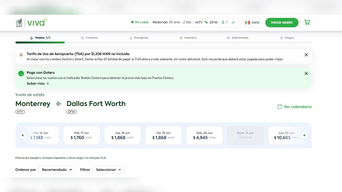 Consulta de boletos Viva Aerobus Monterrey-Dallas