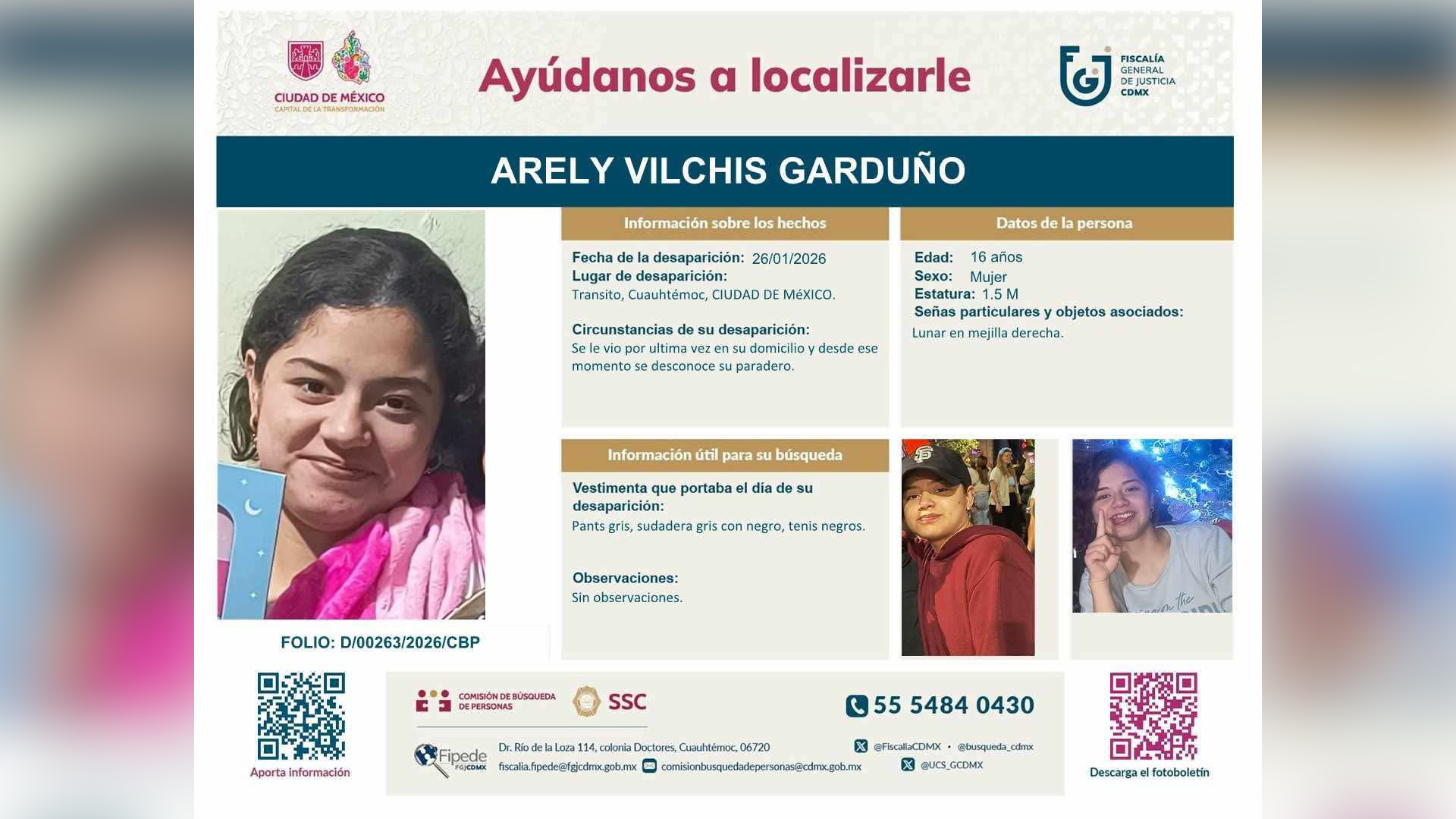 La menor fue vista por ultima vez en la Colonia Tránsito y vestía de gris al momento de la desaparición.