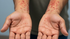 una persona muestra sus brazos y manos con brotes de sarampión