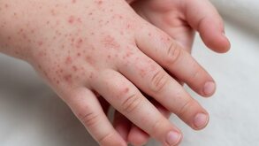 las manos de un niño con brote de sarampión