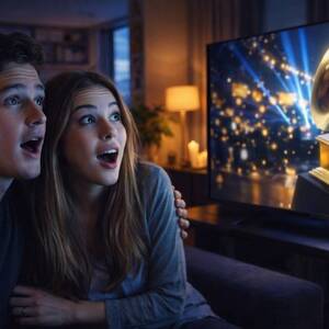 Una pareja ve los premios Grammy 2026 en vivo durante la noche en un departamento mientras están sorprendidos por  la transmisión de la premiación